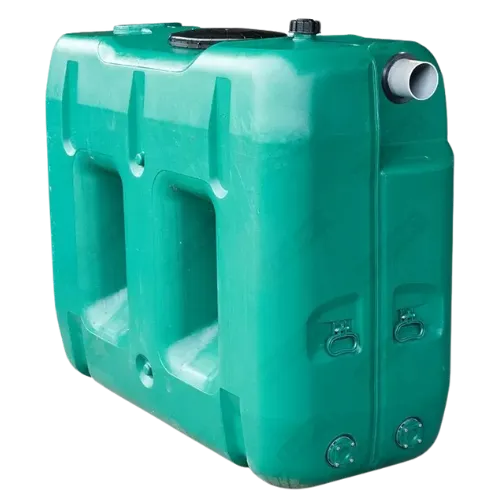 Groene watertank van kunststof met stevige handgrepen en aansluitpunten, geschikt voor regenwateropslag en hergebruik in huis en tuin.