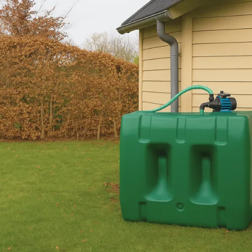 Bovengrondse regenwatertank met pomp aangesloten op een dakgoot – illustratie van de kostprijs regenwaterput bij eenvoudige installatie.