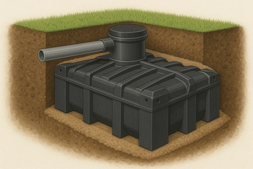 Technische illustratie van een ingegraven, platte regenwaterput met schacht en zijwaartse watertoevoerbuis, geplaatst in gestabiliseerd zand onder het maaiveld.