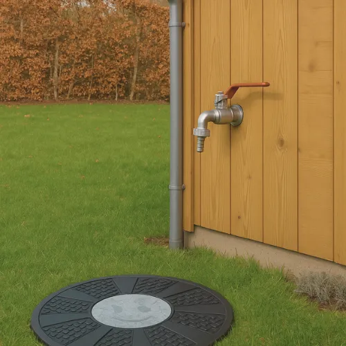 Ondergrondse regenwaterput met zichtbare kraan en deksel naast houten bijgebouw – voorbeeld van prijs regenwaterput in gebruik.