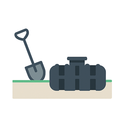 Illustratie van een platte regenwaterput als oplossing bij beperkte graafdiepte onder verharding of beton.