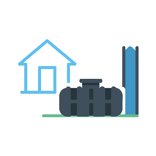 Illustratie van een platte regenwaterput die via een smalle doorgang of tuin in een rijwoning geplaatst wordt.