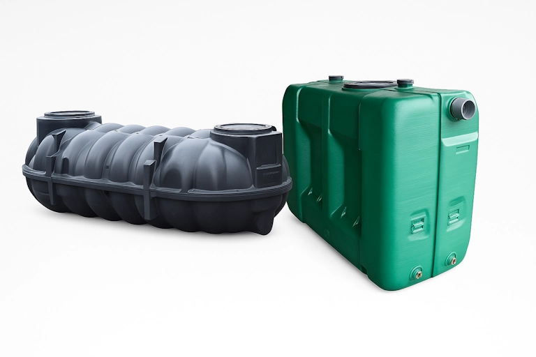 Twee types regenwatertank naast elkaar: een groene bovengrondse regenwatertank en een zwarte ondergrondse regenwatertank – ideaal voor wie een regenwatertank wil kopen en vergelijken.