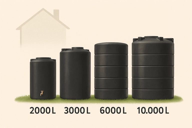 Vergelijking van vier bovengrondse kunststof regenwatertanks van 2000, 3000, 6000 en 10.000 liter met schaalverhouding.