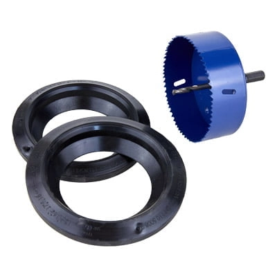 Koppelset met rubberen ringen en klokboor voor extra regenwaterput plaatsen en ondergrondse regenwatertanks verbinden.