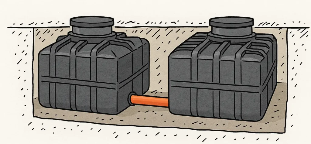 Ondergrondse regenwatertank gekoppeld. Schets van twee ingegraven ondergrondse regenwatertanks die met een horizontale buis zijn gekoppeld voor extra opslagvolume.