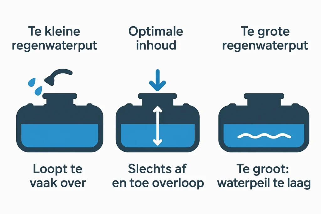 Infographic die toont hoe groot een regenwaterput best is: te kleine regenwaterput loopt over, optimale inhoud loopt af en toe over, te grote regenwaterput heeft te laag waterpeil.